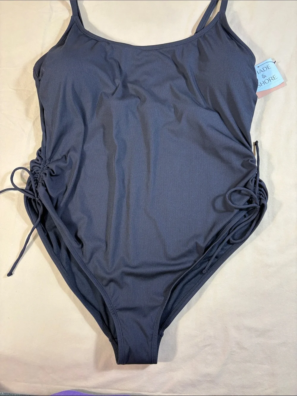 Shade & Shore NWT Black Ribbed Side‎ Cinch One Piece Swimsuit Women's Size 22